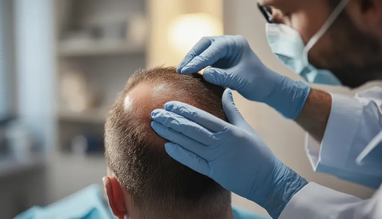 A doctor examines the head of a patient experiencing hair loss
