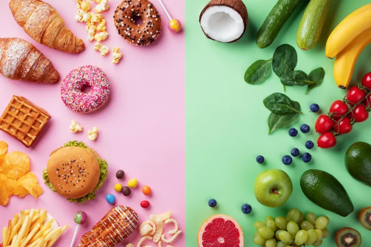 The left side of the image shows a selection of unhealthy foods and the right side shows healthy foods