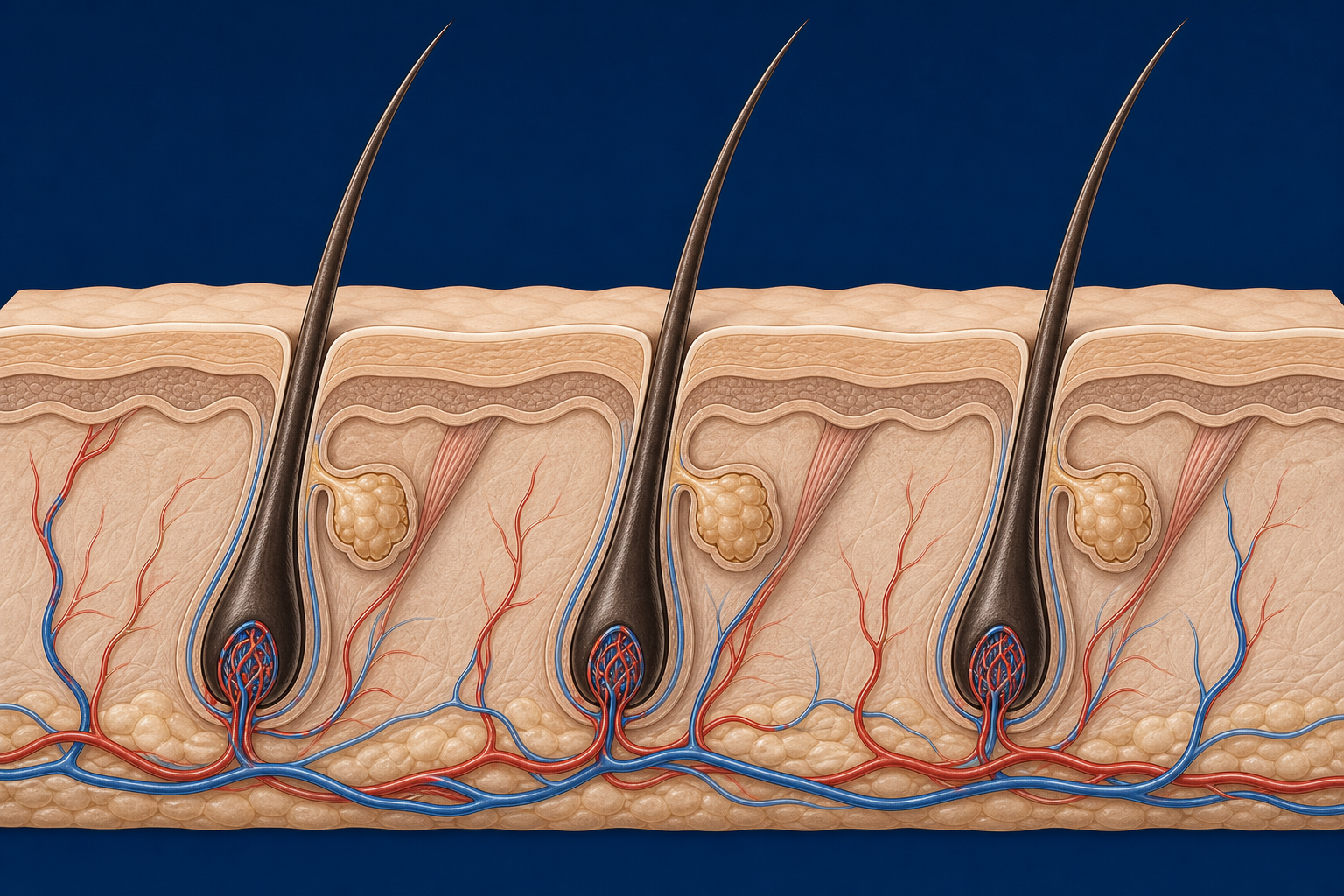 Medical illustration of a hair follicle in a cross-section of the skin with the surrounding capillary network of the scalp