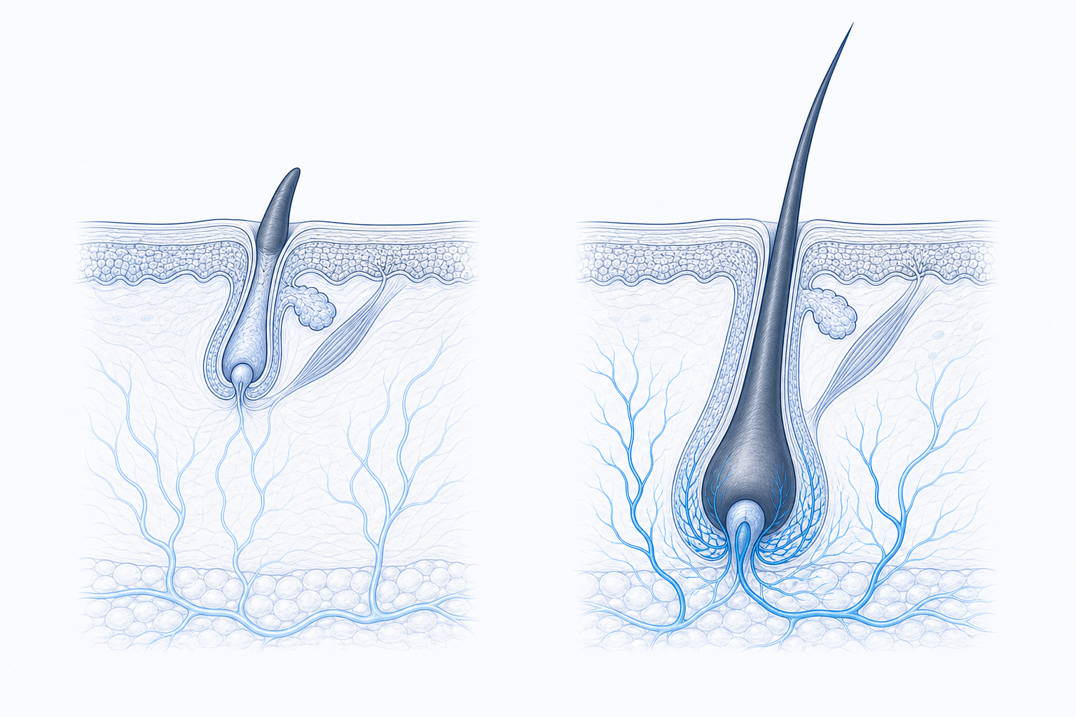 Comparative illustration of a hair follicle in the resting phase and the same follicle in the growth phase