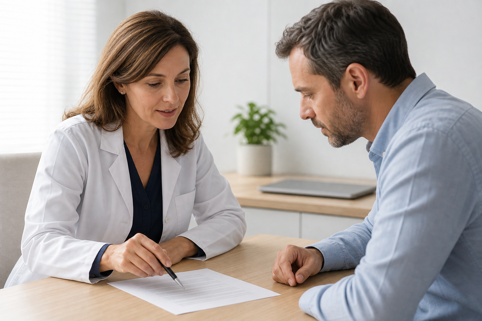 A physician discusses the lab report with a patient at the desk