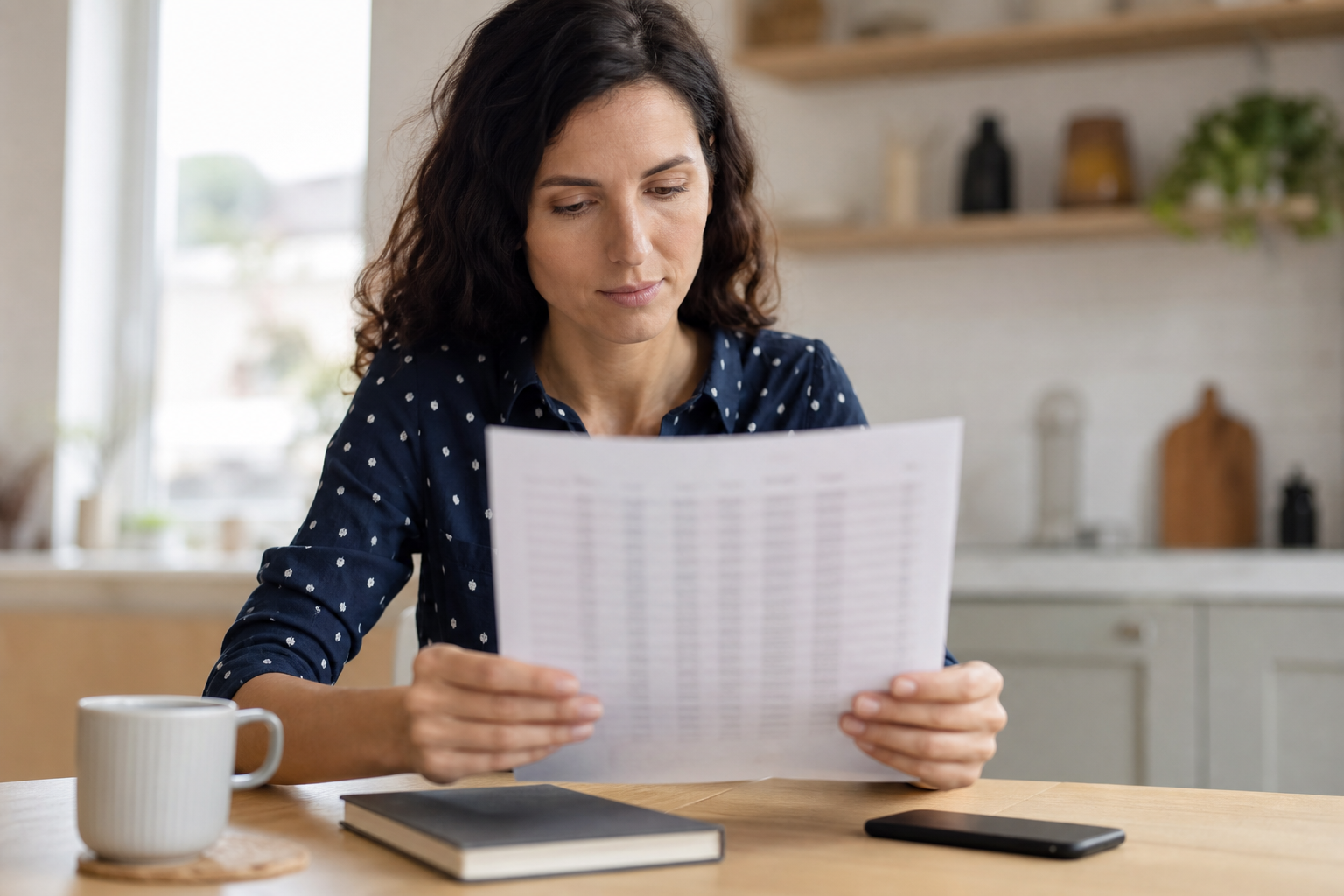 A woman reads her lab report at the table and puts the blood values in context