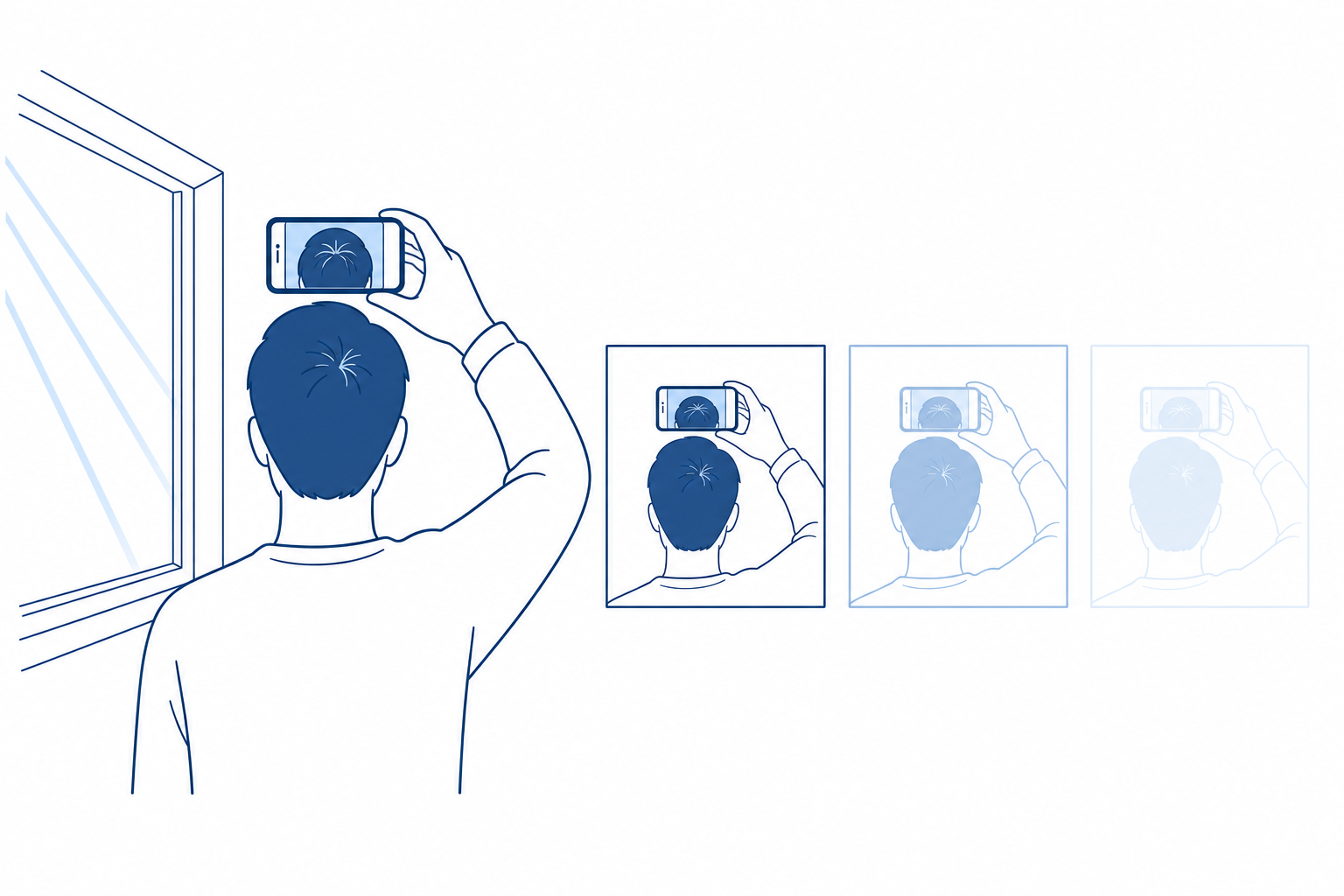 Illustration of the photo log: a person photographs the back of their own head by a window, with a suggested series of images beside it