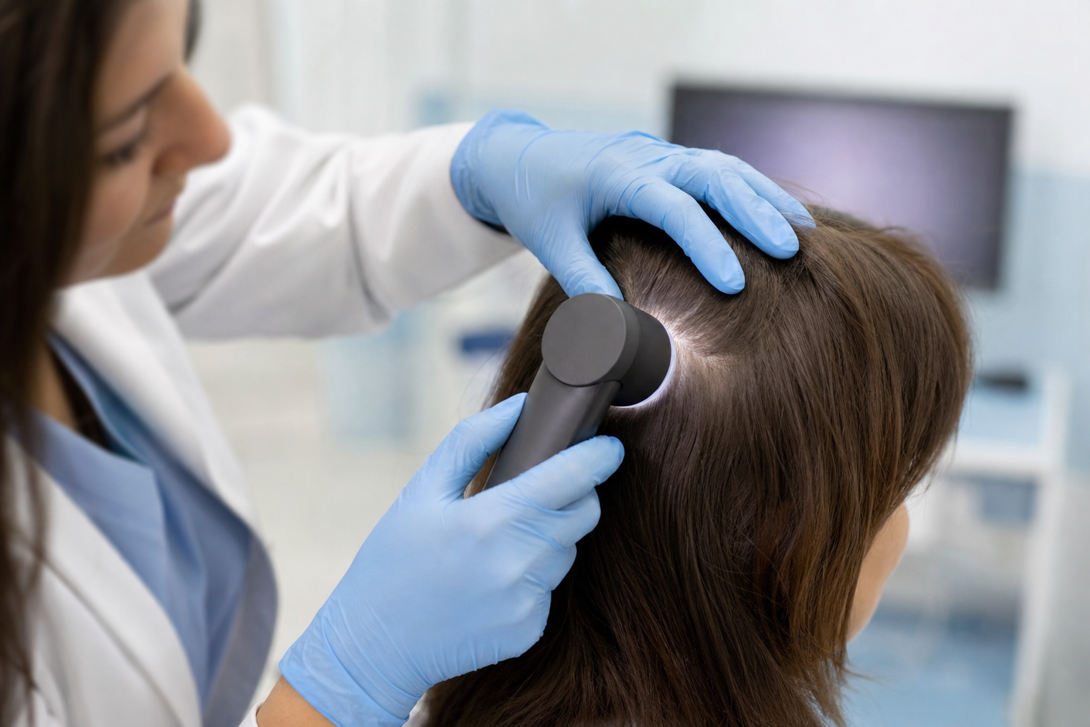 Trichoscopy: a dermatologist examines the scalp with a digital dermoscope