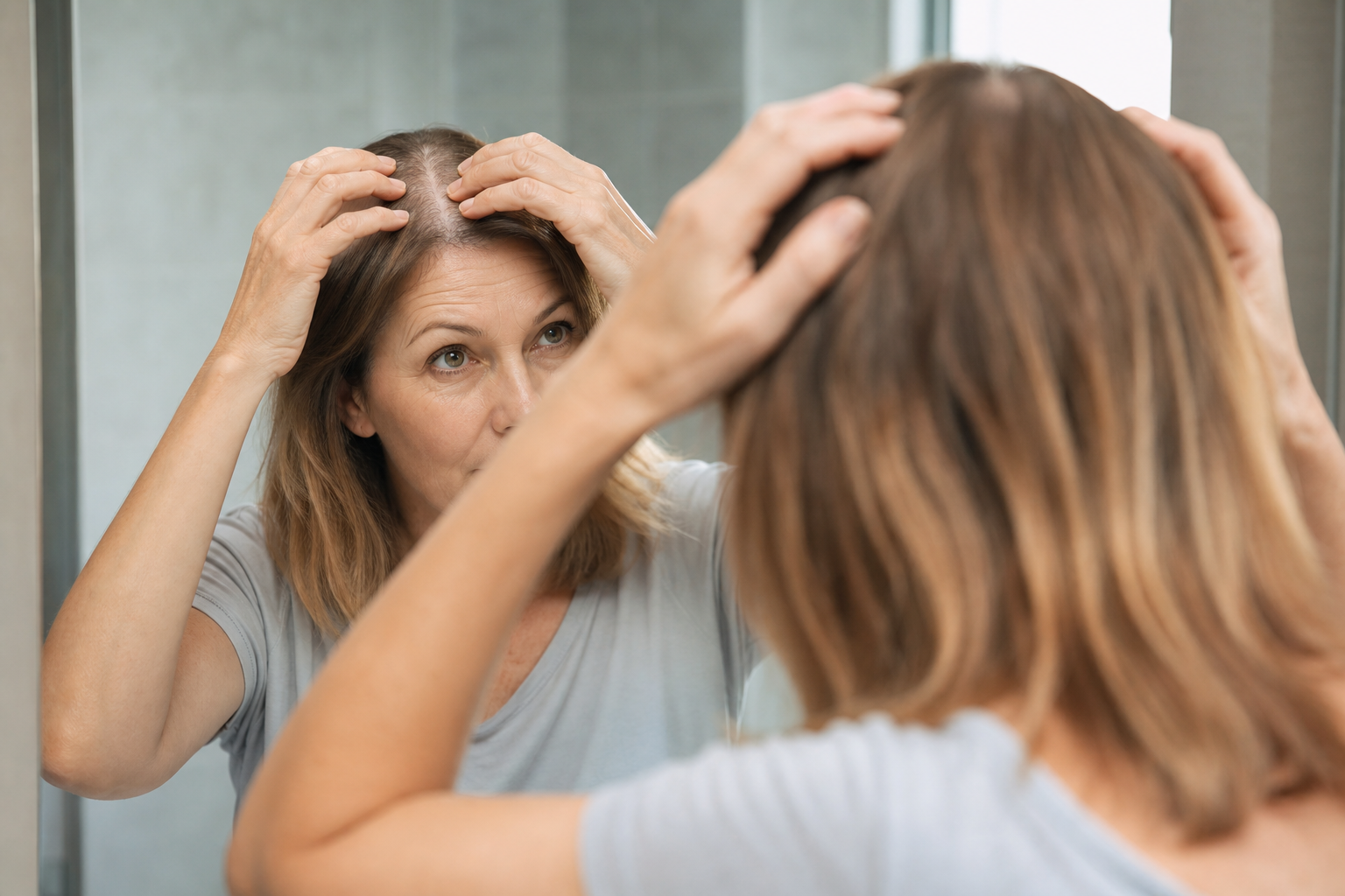 Woman in her mid-forties checking her part in the mirror for thinning hair
