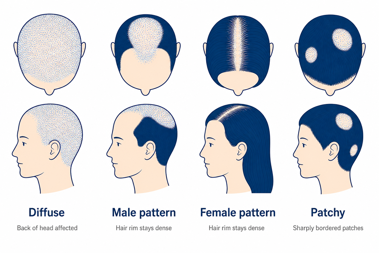 Infographic: diffuse hair loss, male and female pattern, and alopecia areata compared