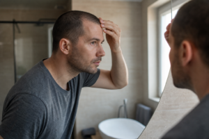 Mann mit kurzen Haaren betrachtet im Spiegel seine Haarlinie einige Wochen nach der Haartransplantation