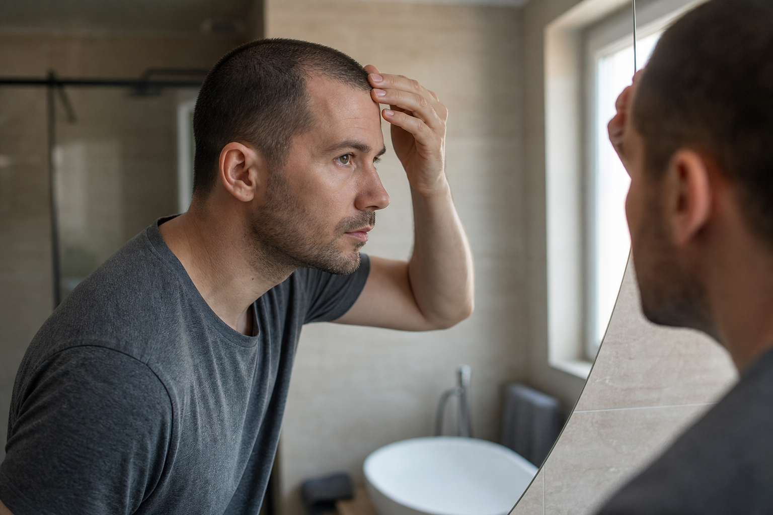 Mann mit kurzen Haaren betrachtet im Spiegel seine Haarlinie einige Wochen nach der Haartransplantation