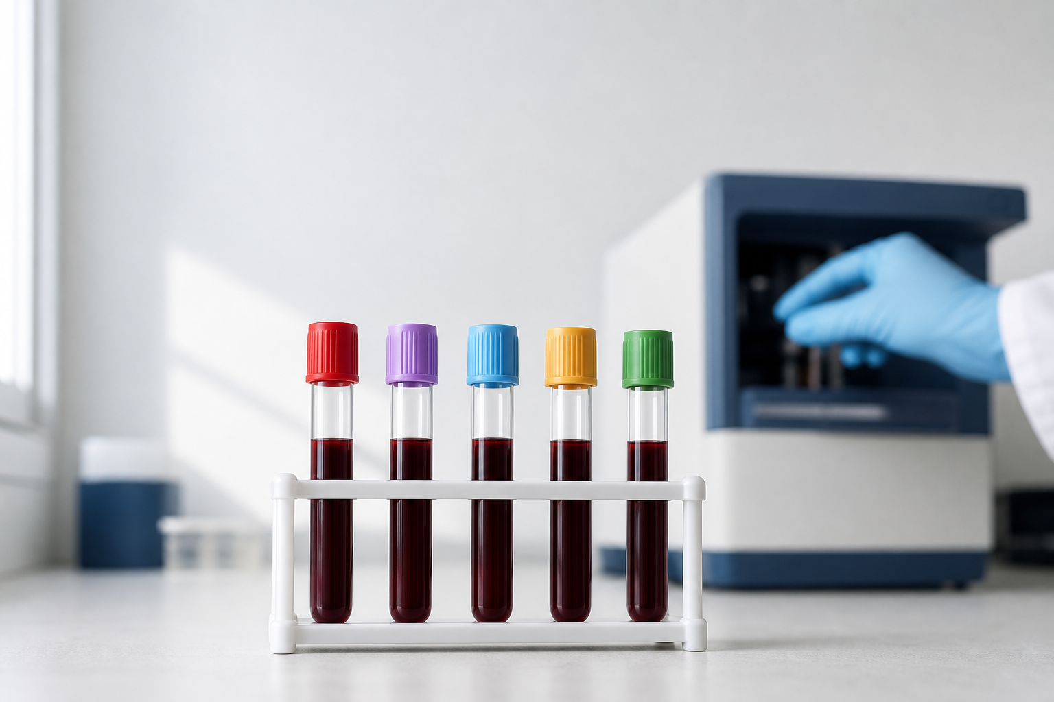 Blutentnahme-Röhrchen im Laborständer: Blutwerte bei Haarausfall werden aus einer Blutprobe bestimmt