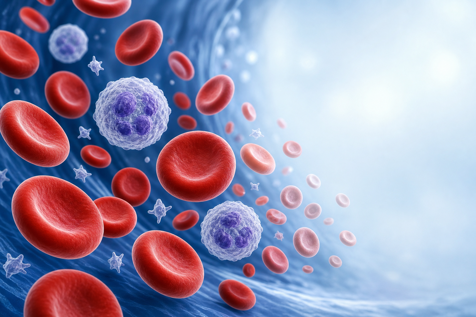 Illustration of red and white blood cells and platelets inside a blood vessel
