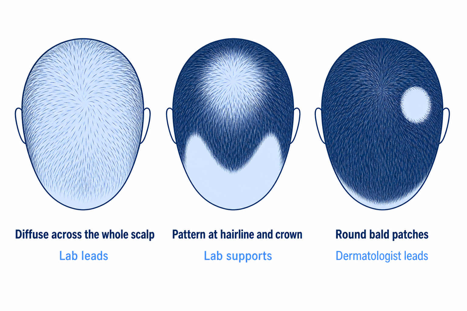 Three hair loss patterns seen from above: diffuse, a pattern at the hairline and crown, round bald patches