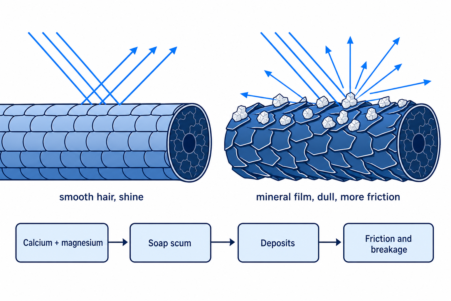 Illustration: hair shaft with a smooth cuticle next to a hair shaft with a mineral film from hard water