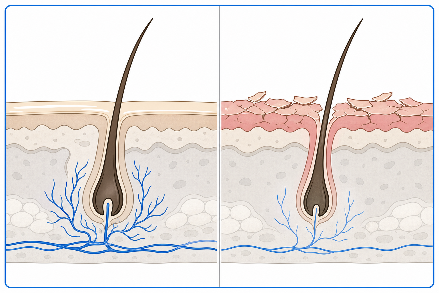 Illustrated comparison of an intact scalp and a dry, irritated scalp in cross-section