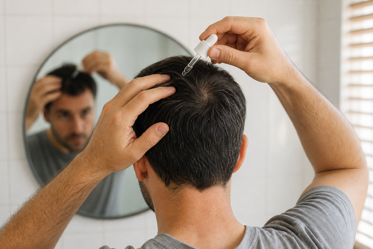 A man applies a solution with a pipette directly to the whorl area at the back of the head