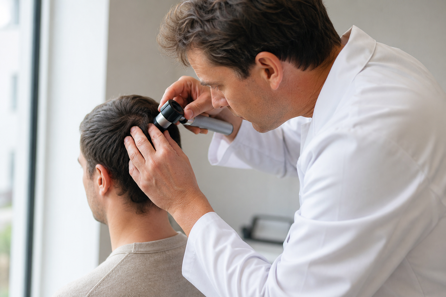 A doctor examines a patient's whorl area with a dermatoscope