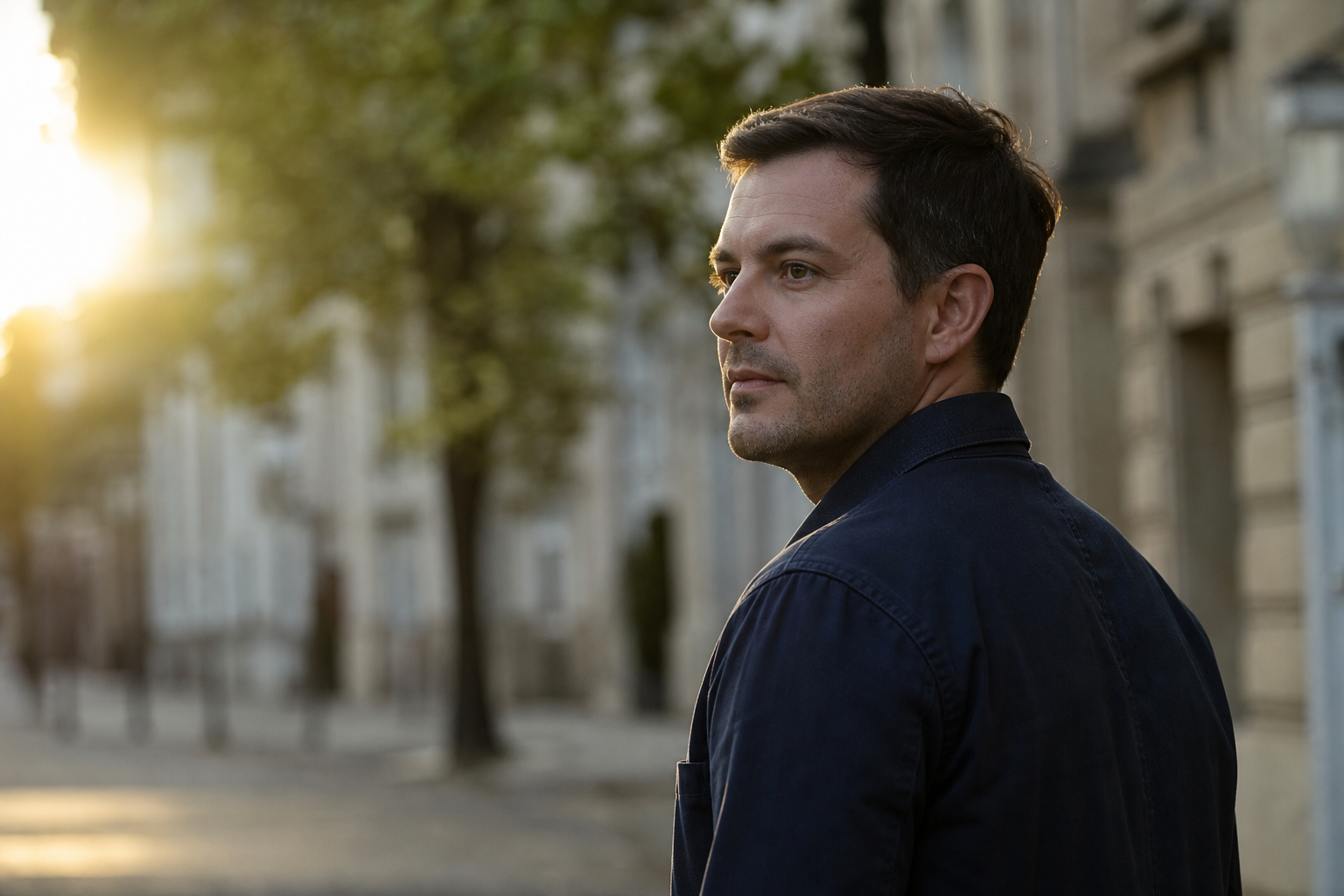 A man with short hair stands calmly in the evening light, looking into the distance