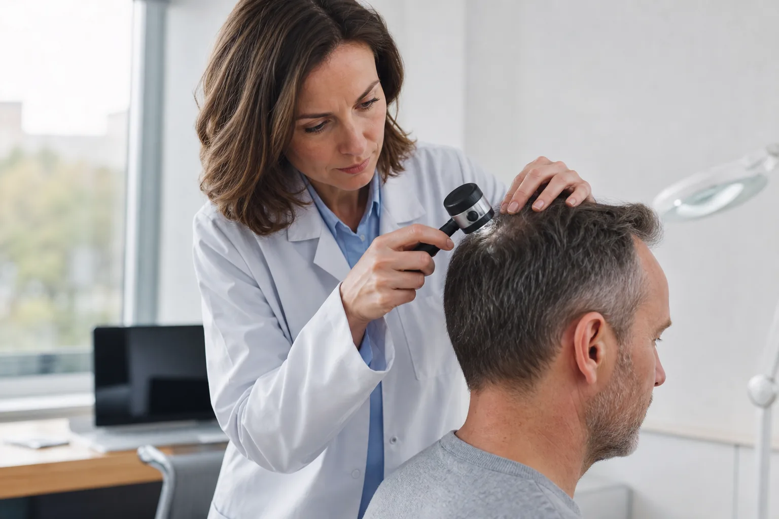 A doctor examines a patient's scalp with a dermatoscope in a bright practice