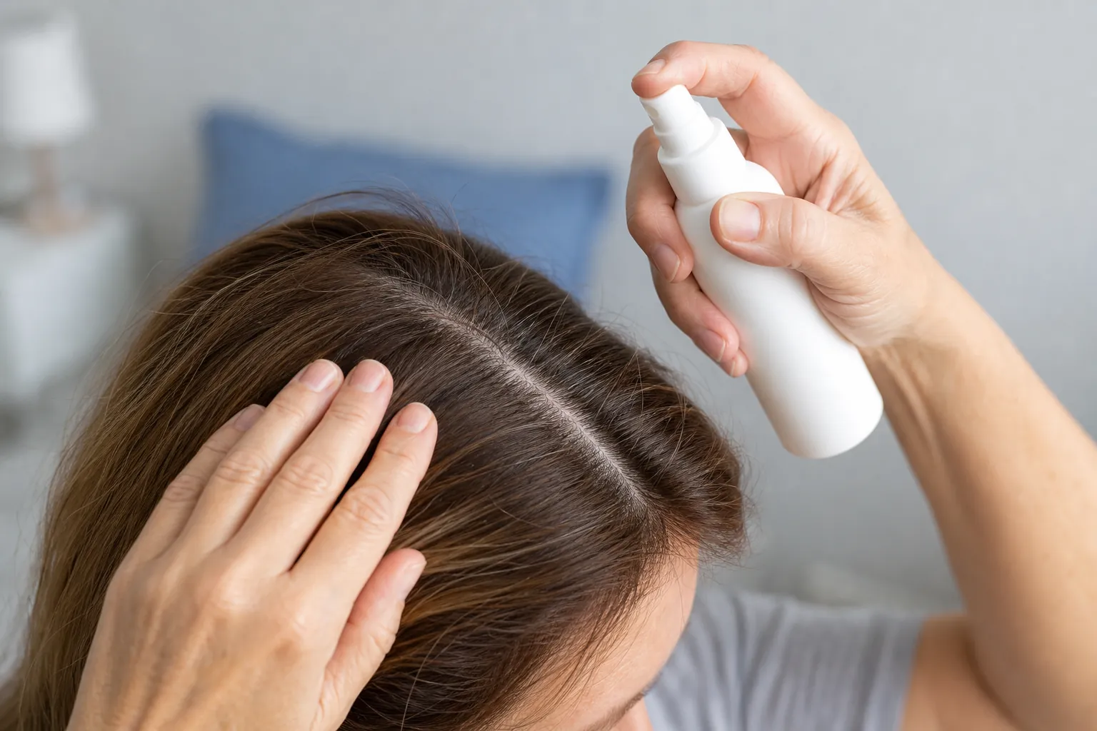 Woman parting her hair and spraying root spray directly onto the scalp