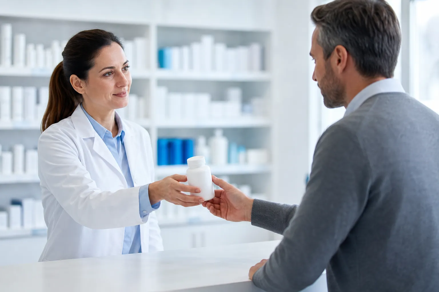 Pharmacist handing a customer an unlabeled shampoo bottle at the counter