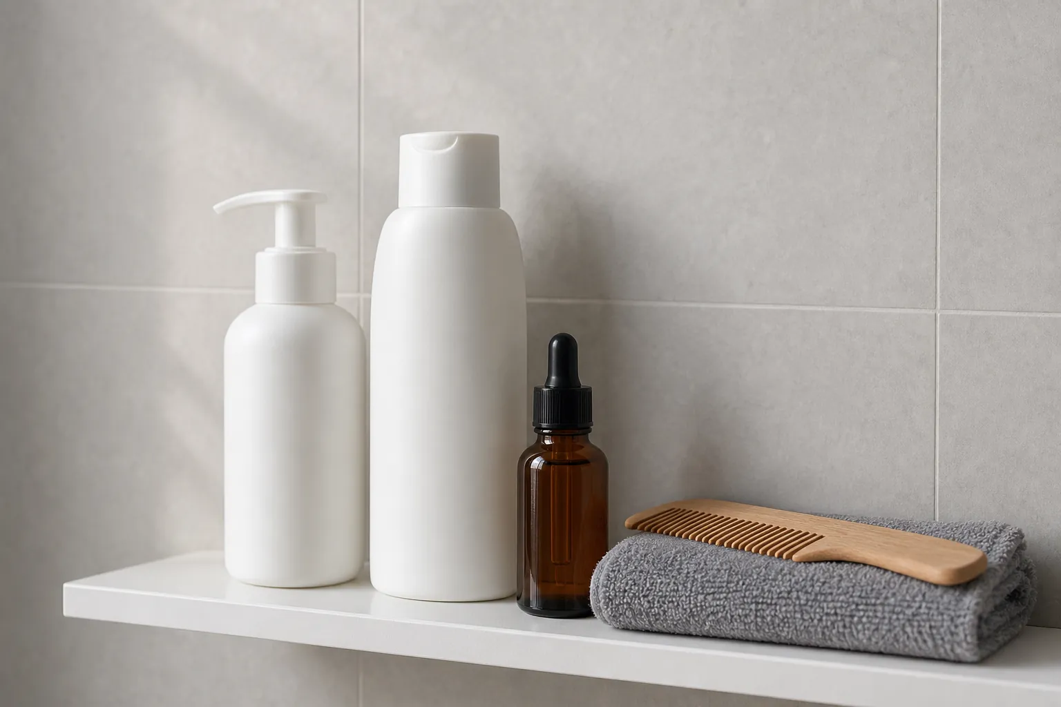 Unlabeled shampoo and tonic bottles with a comb and a towel on a bathroom shelf