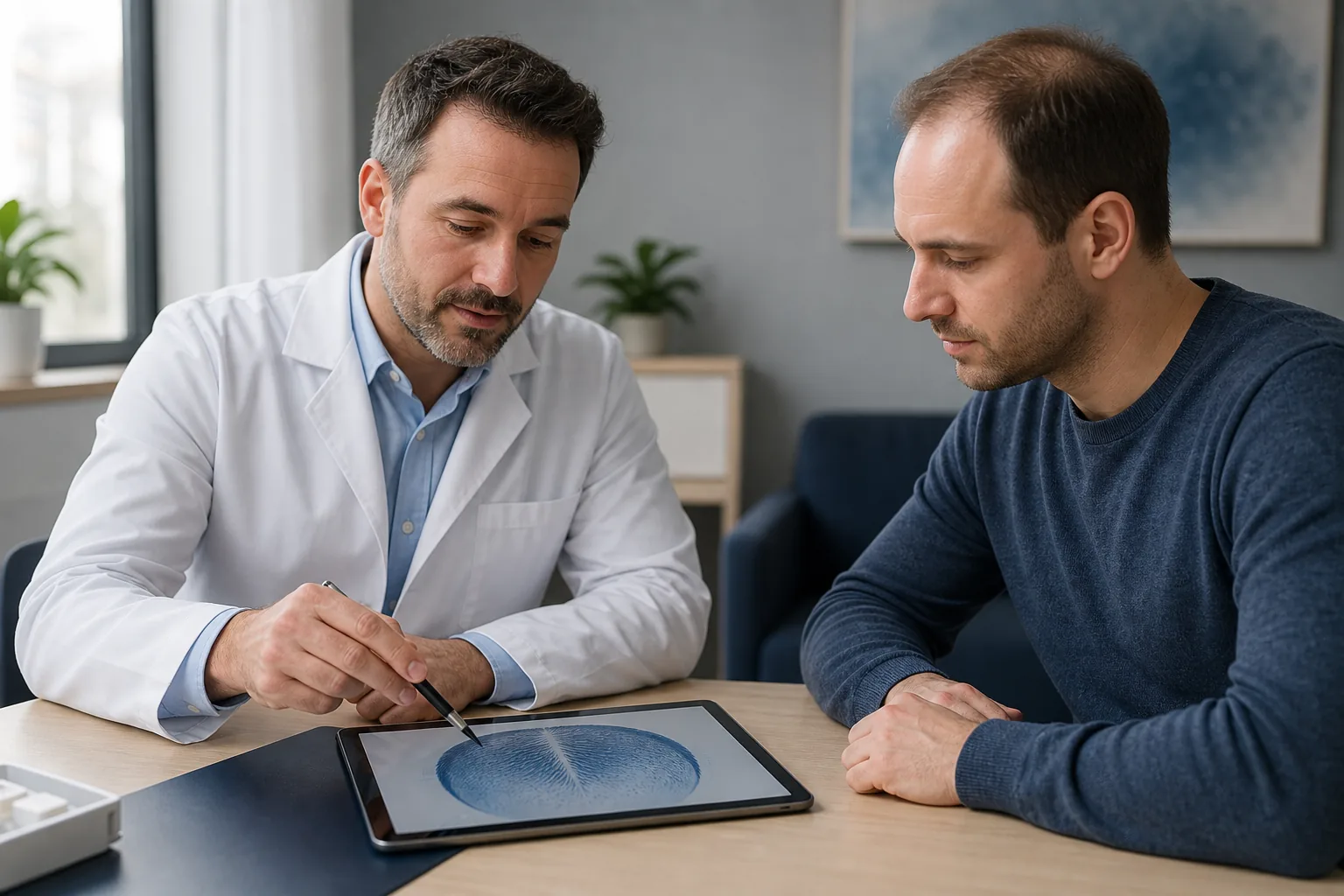 A doctor uses a tablet to explain to a patient how the required number of grafts is determined