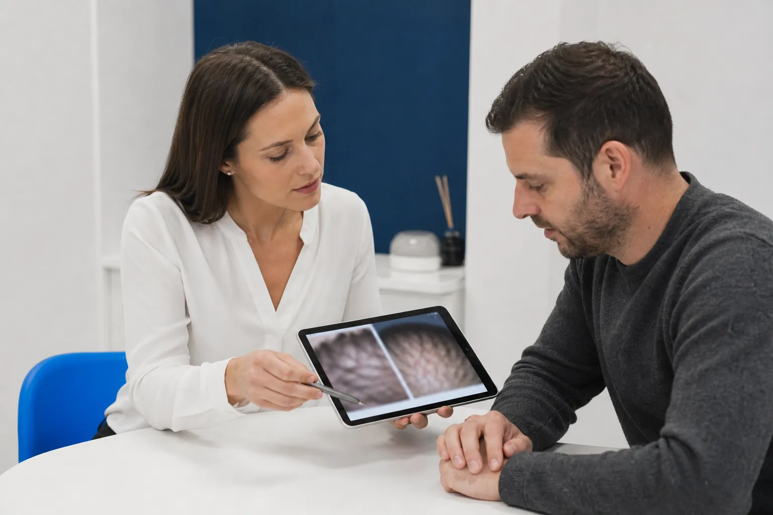 Hair analysis consultation: a consultant and a patient looking at scalp images on a tablet