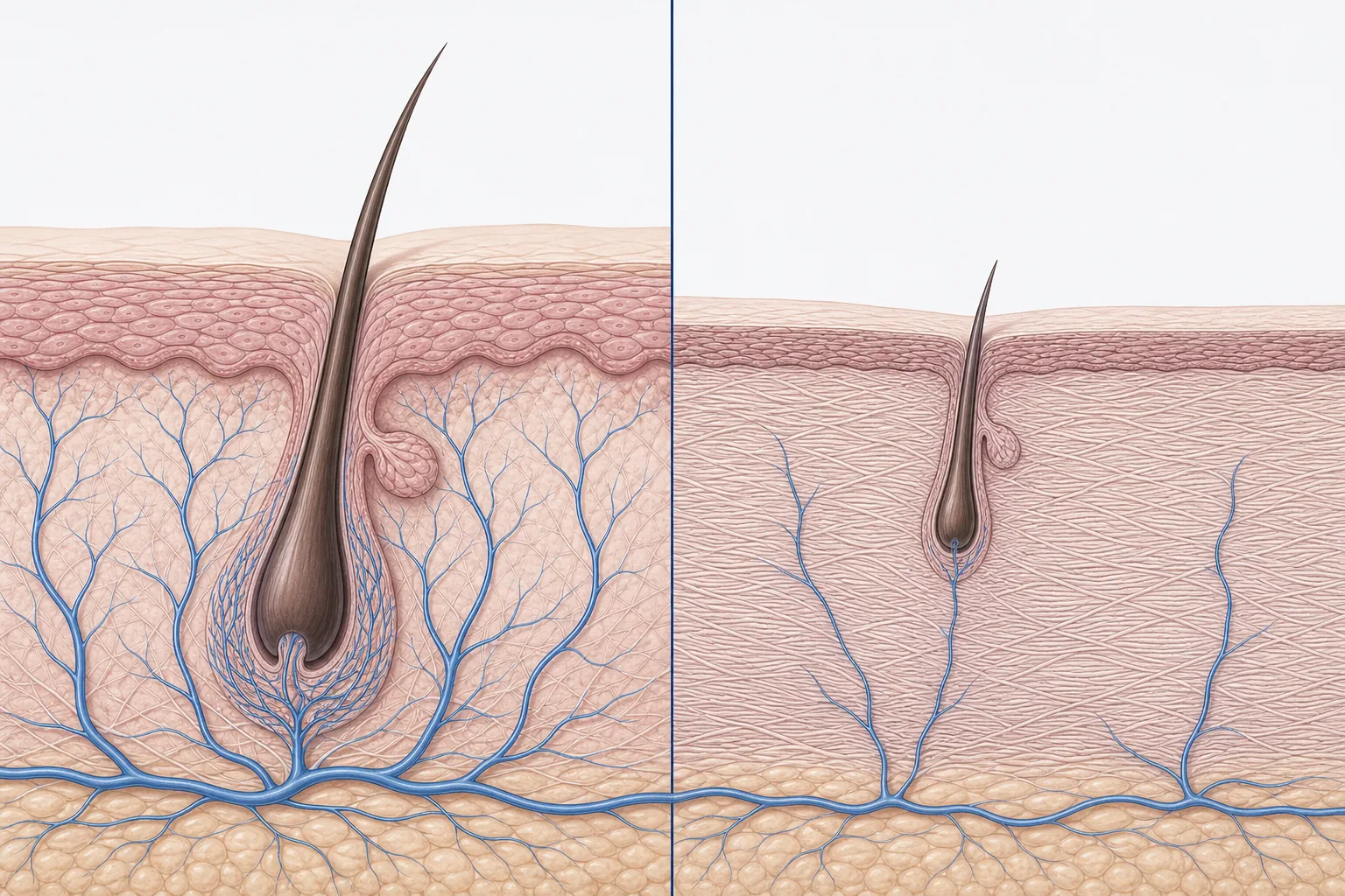 Illustration comparison: on the left a healthy scalp with dense capillaries, on the right an irradiated scalp with denser connective tissue and reduced blood flow