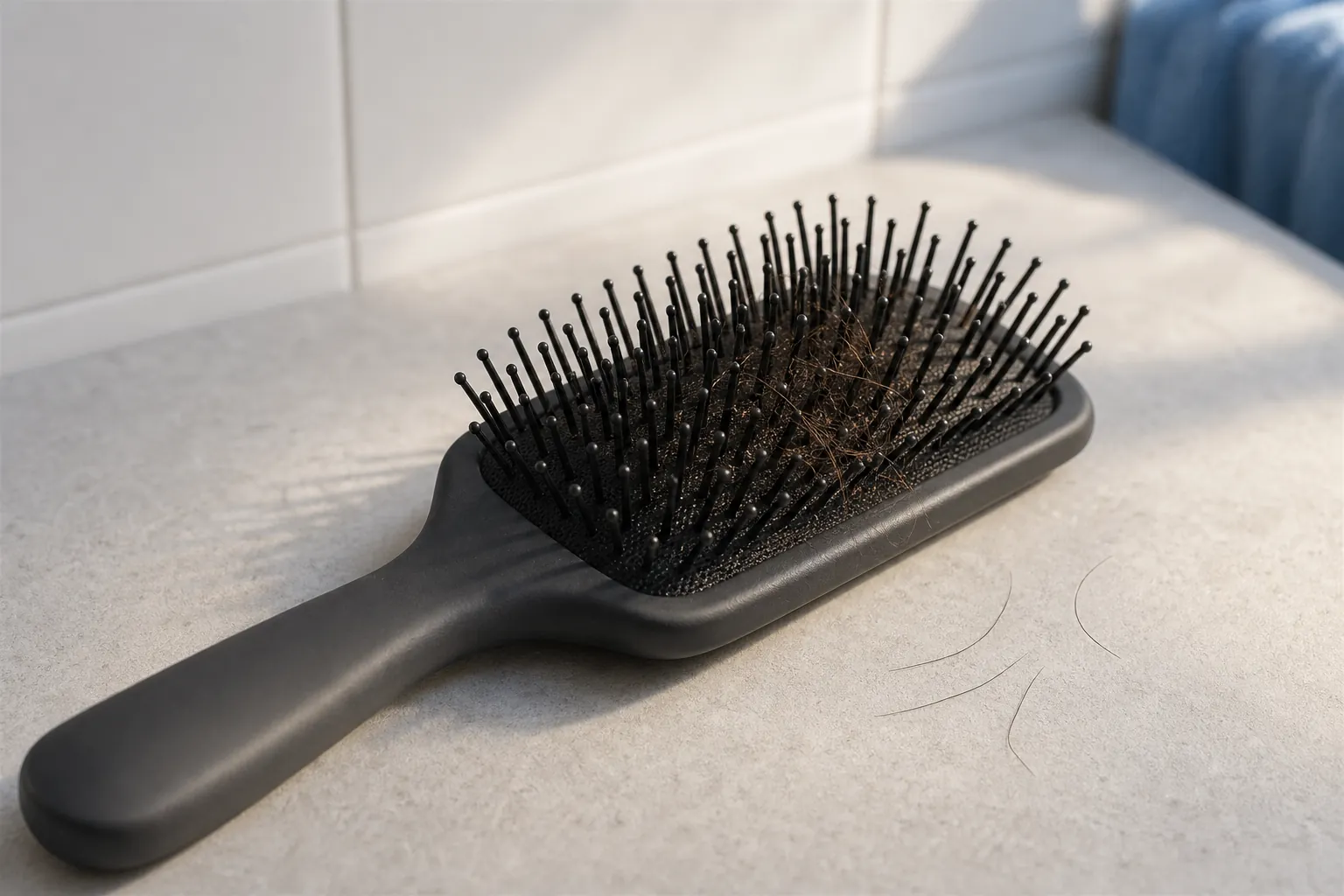 Hairbrush with a few shed hairs on a light bathroom shelf