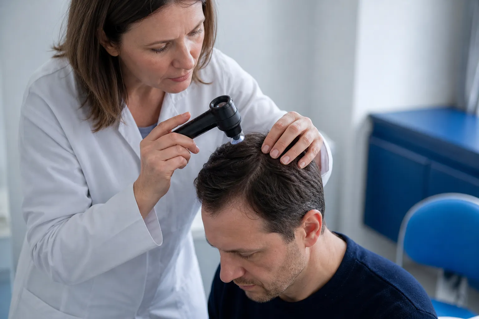 Dermatologist examining a patient's scalp with a dermatoscope