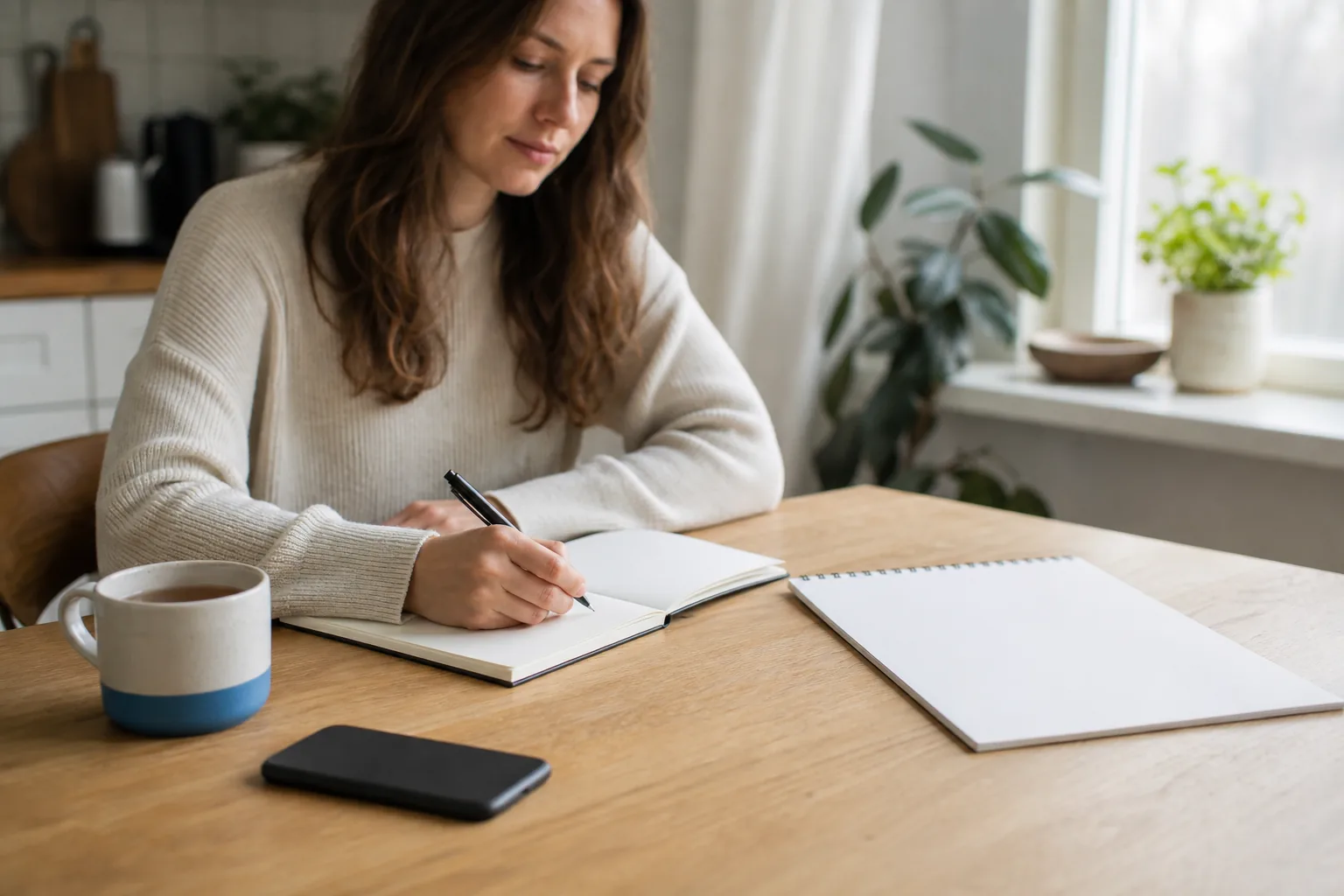 Woman noting the course of her hair loss at the kitchen table