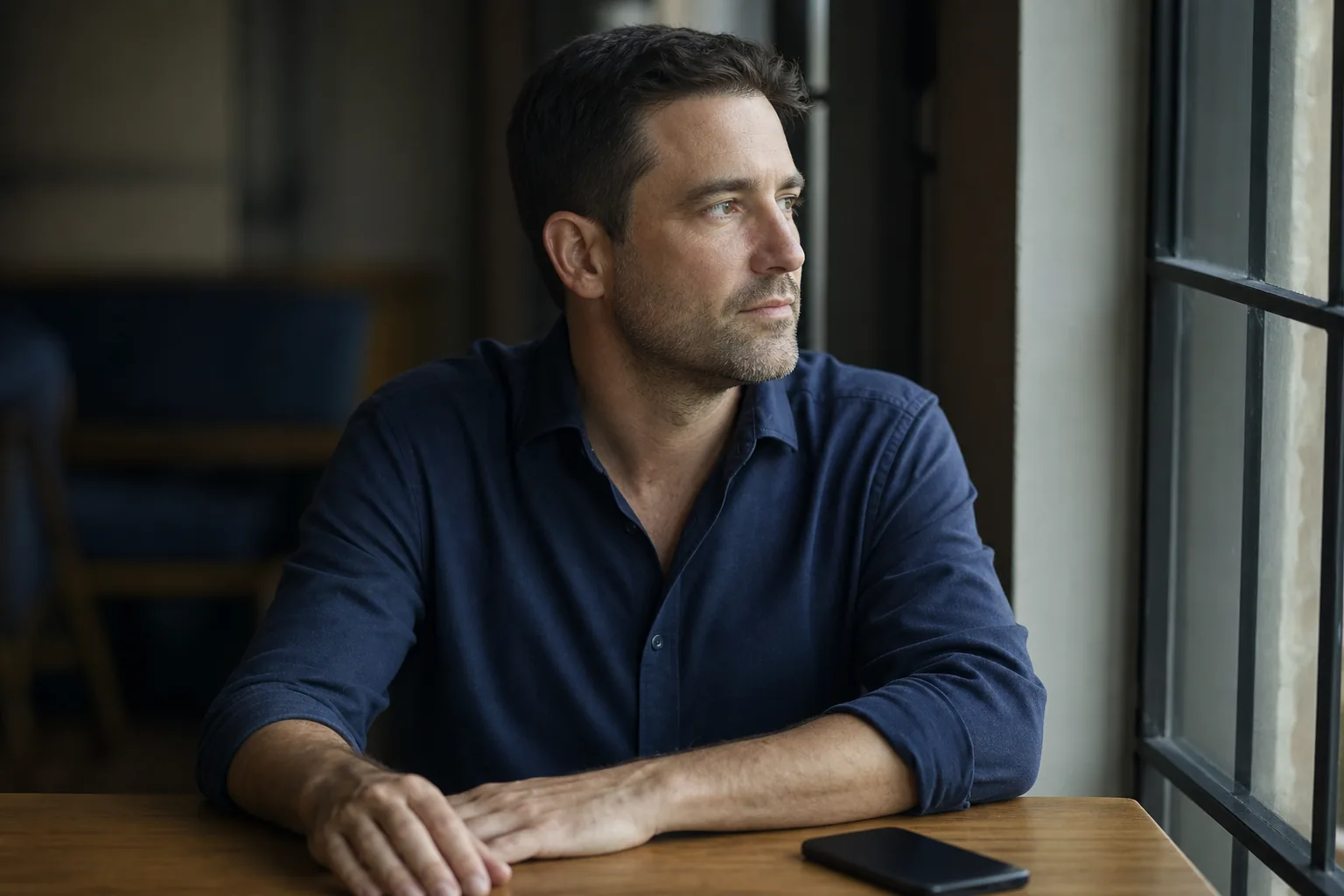 Man in his late thirties sits by the window and thinks calmly about a hair transplant