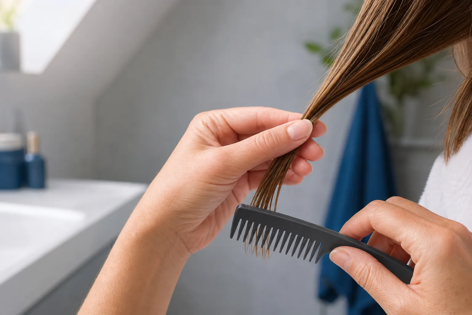 Hands loosening a hairspray-stiffened section with a wide-tooth comb, starting at the ends