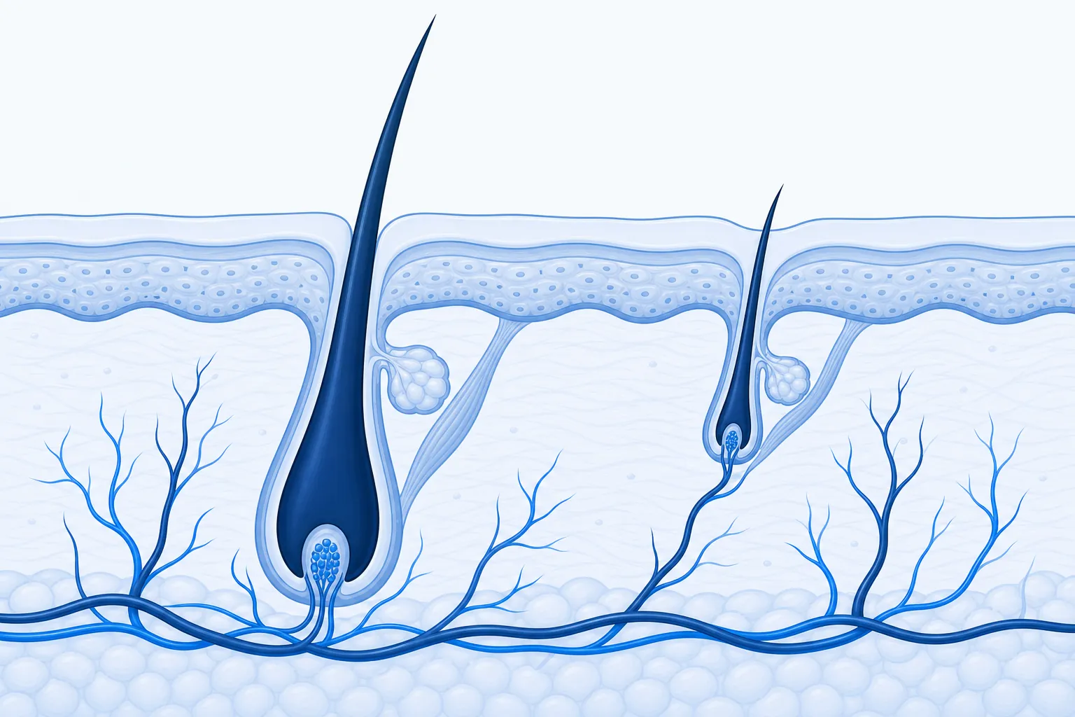 Comparison of a strong and a miniaturized hair follicle in a cross-section of the skin