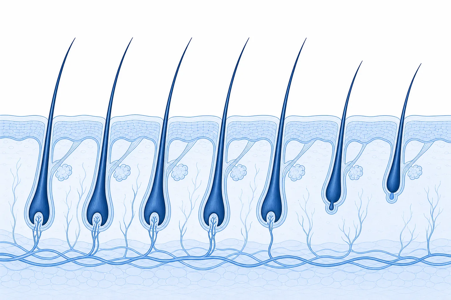 Illustration: hair follicles in a cross-section of the skin, some in the growth phase, some in the resting phase