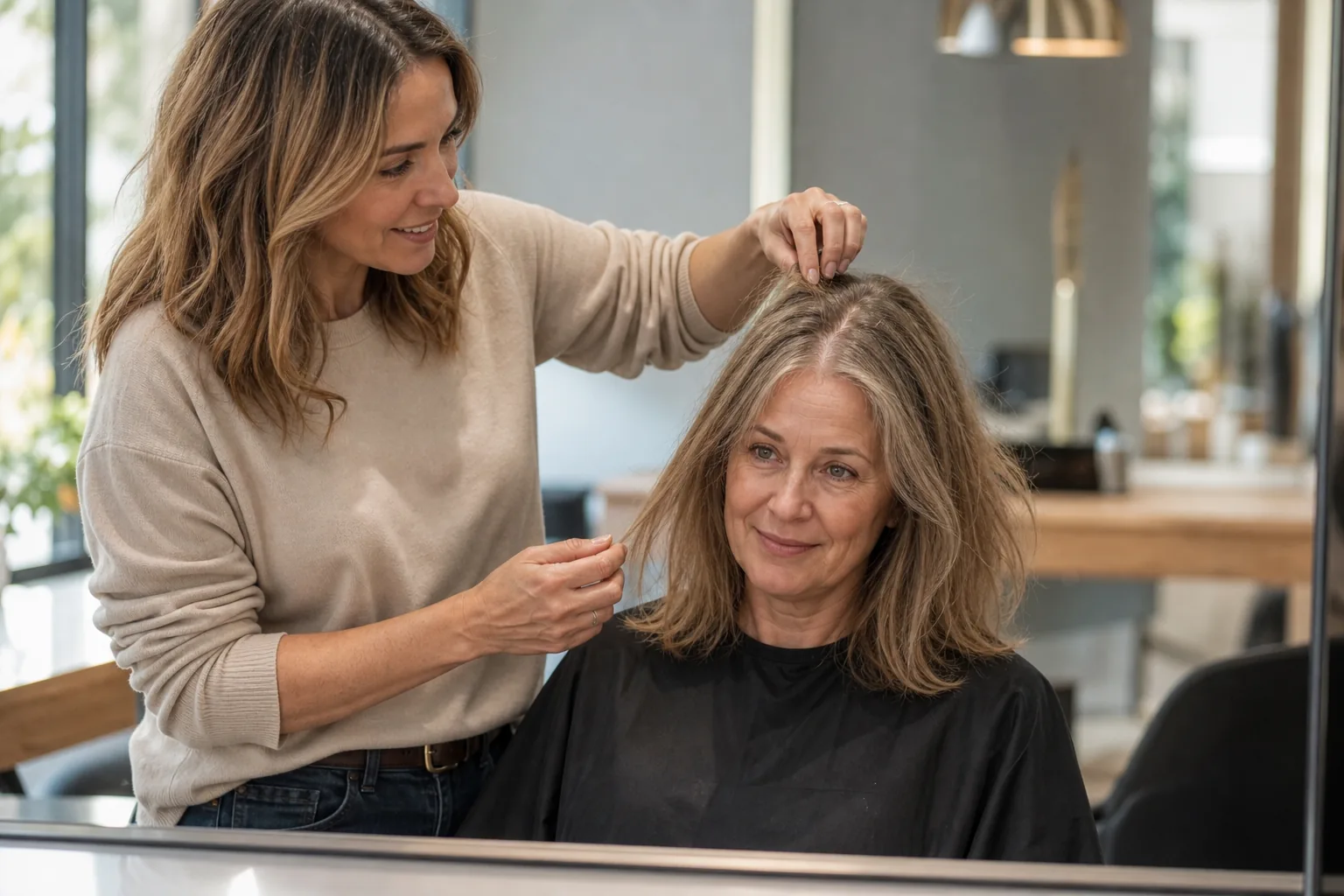A hairstylist talks with a client about her roots and the density of her fine hair