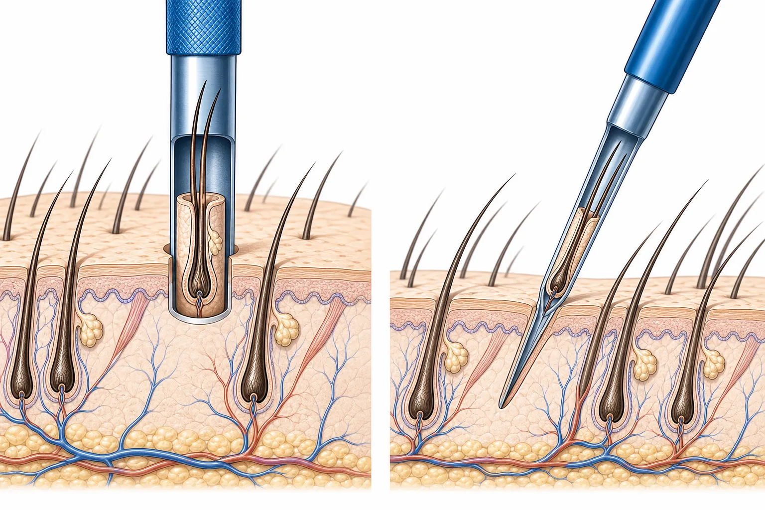Cross-section of the scalp: on the left the extraction of a graft with the hollow punch, on the right the placement with the CHOI pen