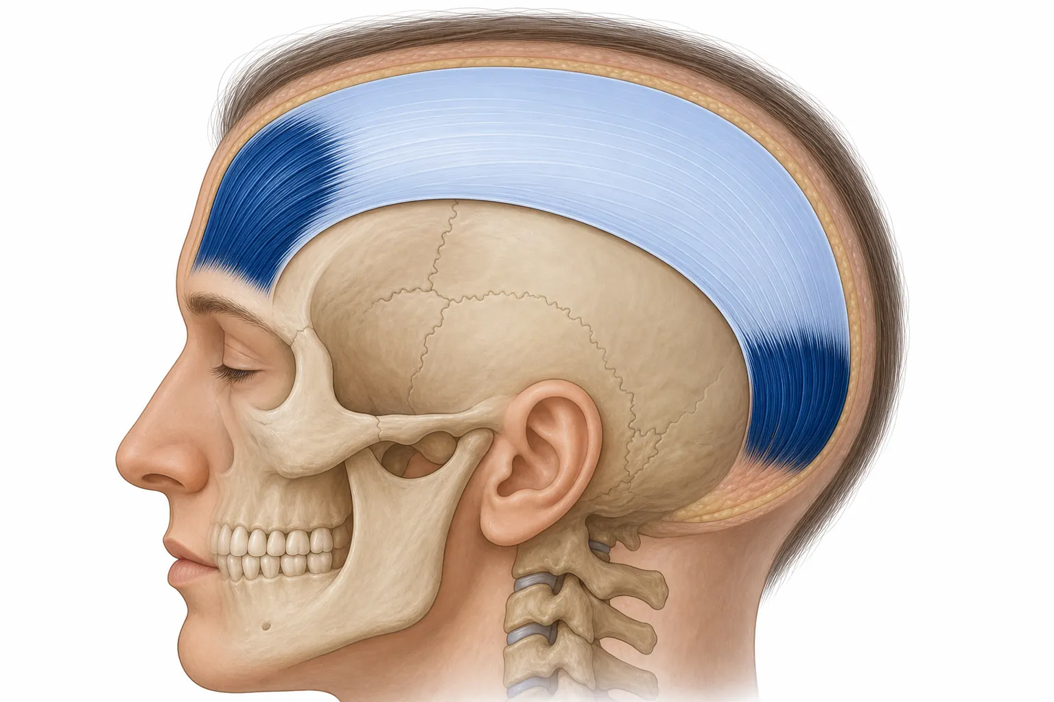 Cross-section illustration of the head: the frontalis and occipitalis muscles pull on the same tendon sheet beneath the scalp