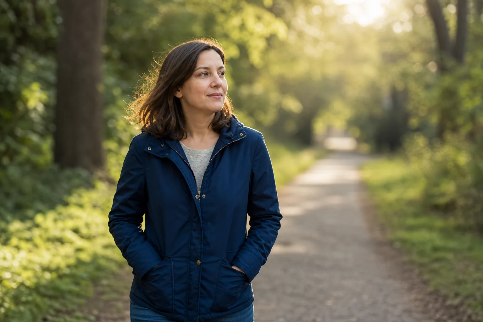 Woman walking relaxed in the evening light, symbolizing the time it takes for hair to grow back