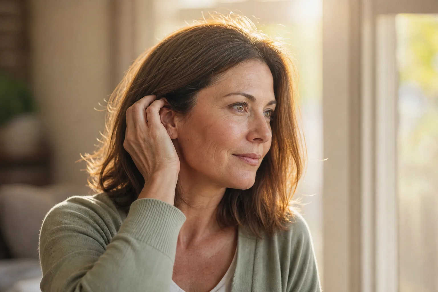 A woman with well-kept colored hair in warm window light