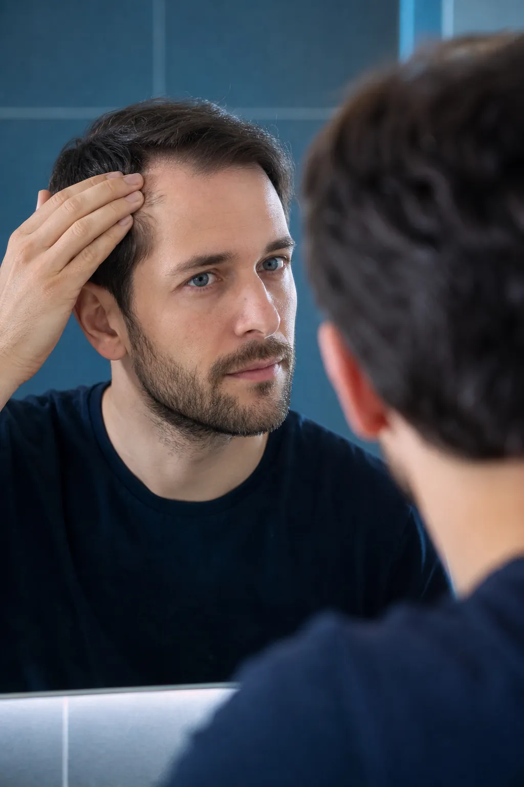 Man looking in the mirror at his hairline above the temple
