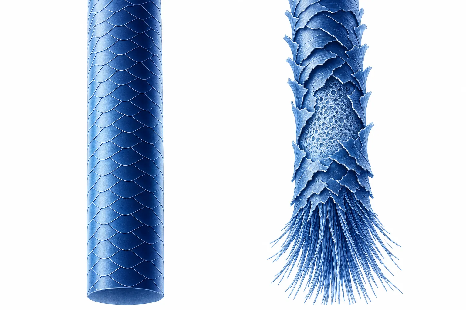 Comparison of two hair shafts: a smooth cuticle on the left, roughened scales with a frayed break on the right