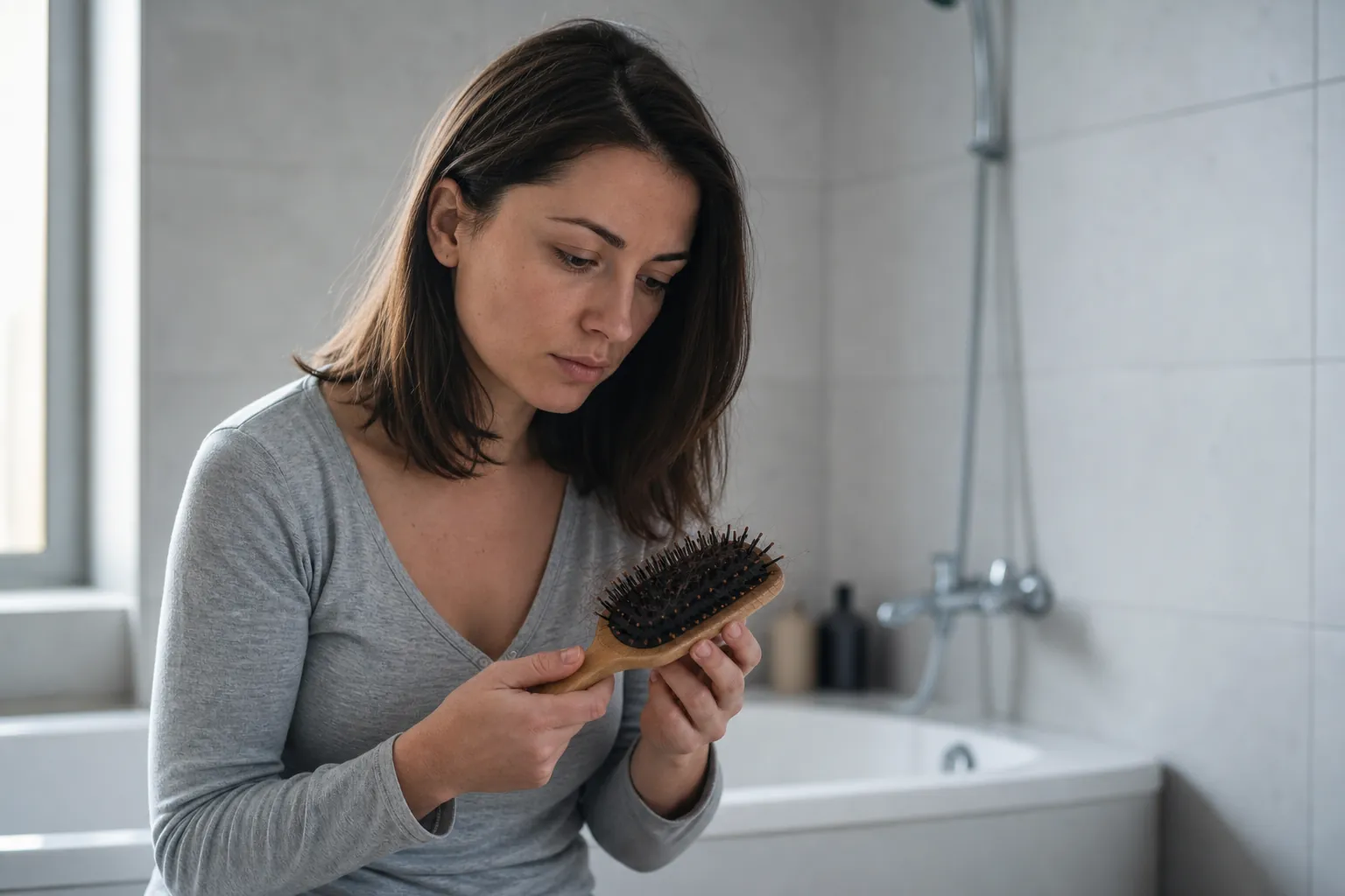Young woman looking at the hair she has lost in her hairbrush in the bathroom