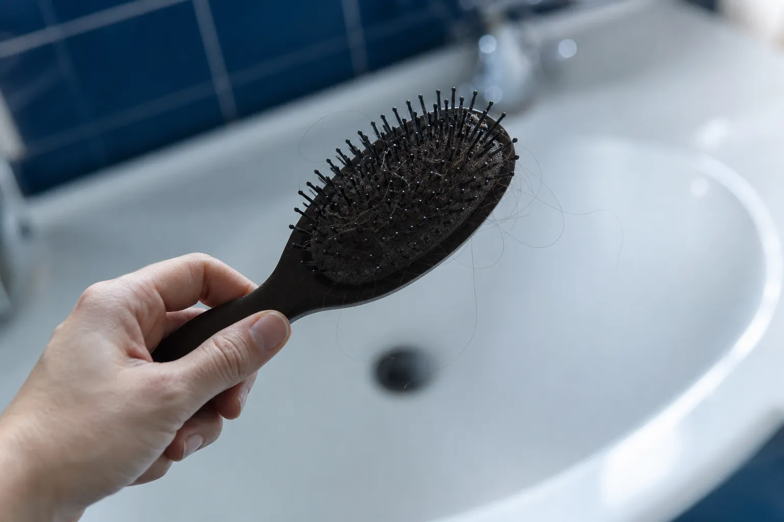 Hand holding a hairbrush with shed hairs over a sink