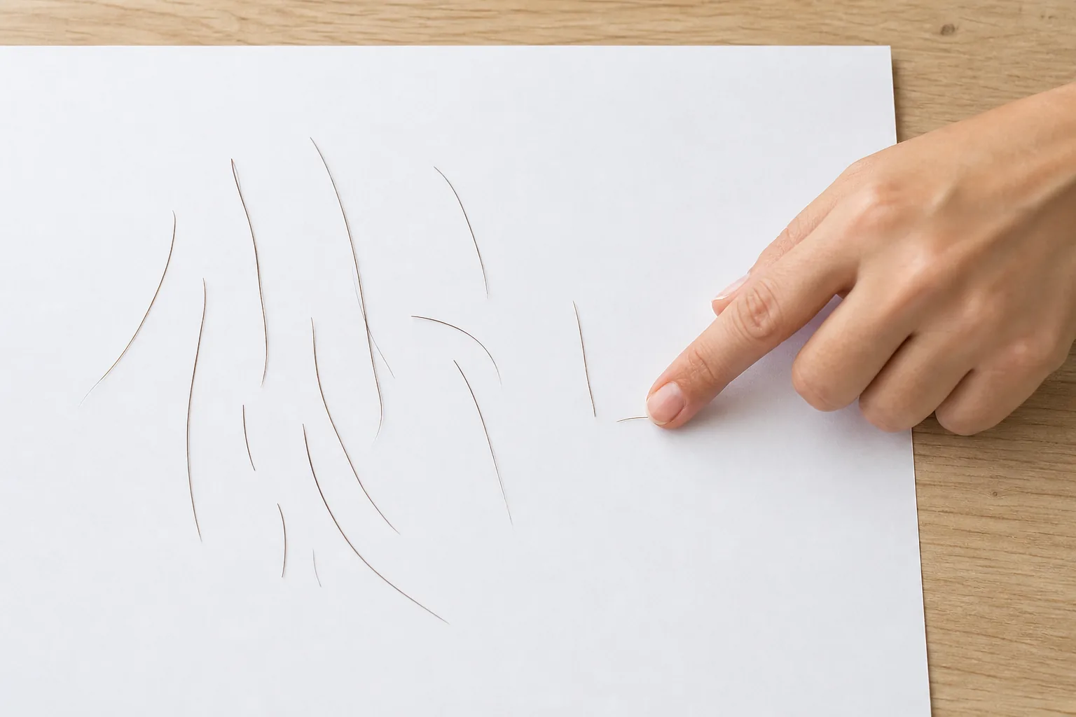 Individual hairs from a brush laid out on a sheet of white paper to check the hair ends