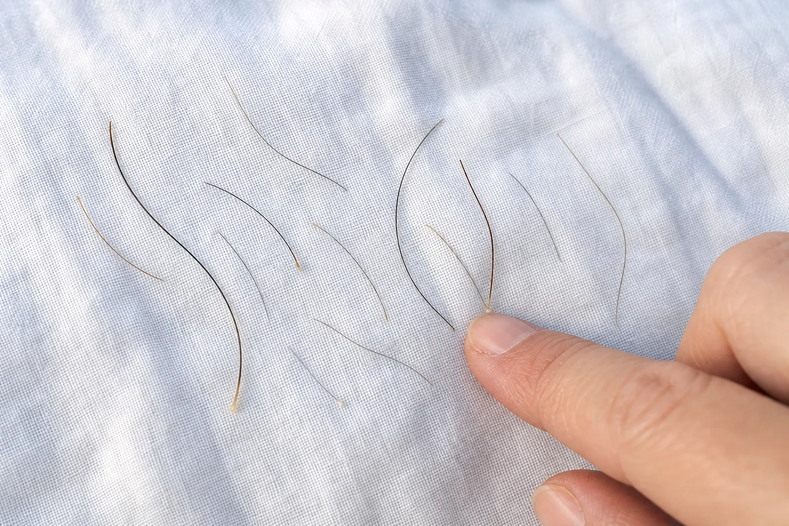 Shed hairs of different thicknesses laid out on a light cloth for comparison