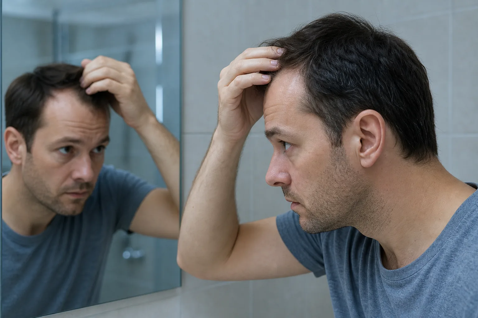 Man checks his hairline and the state of his temple recession in the mirror
