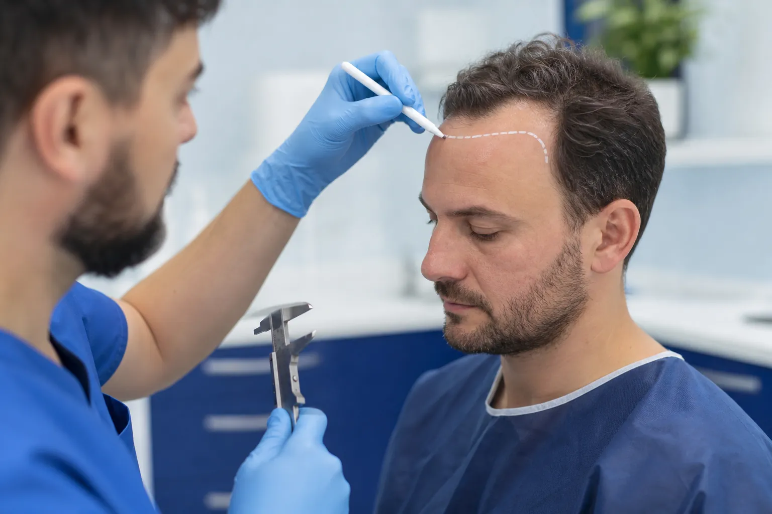 Doctor drawing the curved new hairline onto a patient's forehead with a surgical marker