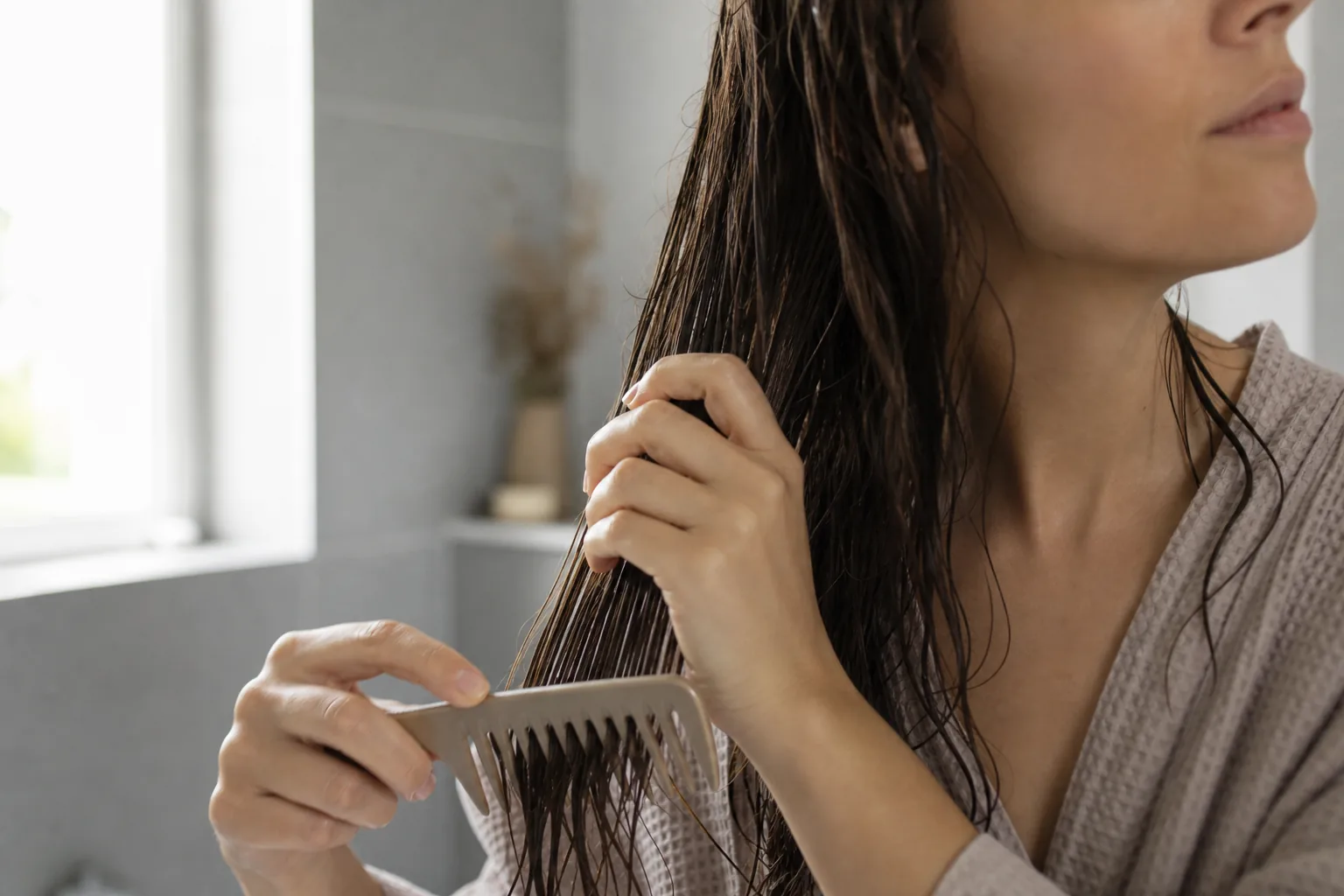 Woman gently detangling damp hair from the ends with a wide-tooth comb