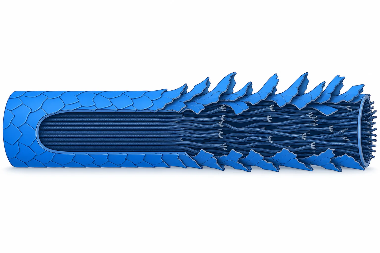 Illustration of a hair in cross section with a closed and a roughened cuticle
