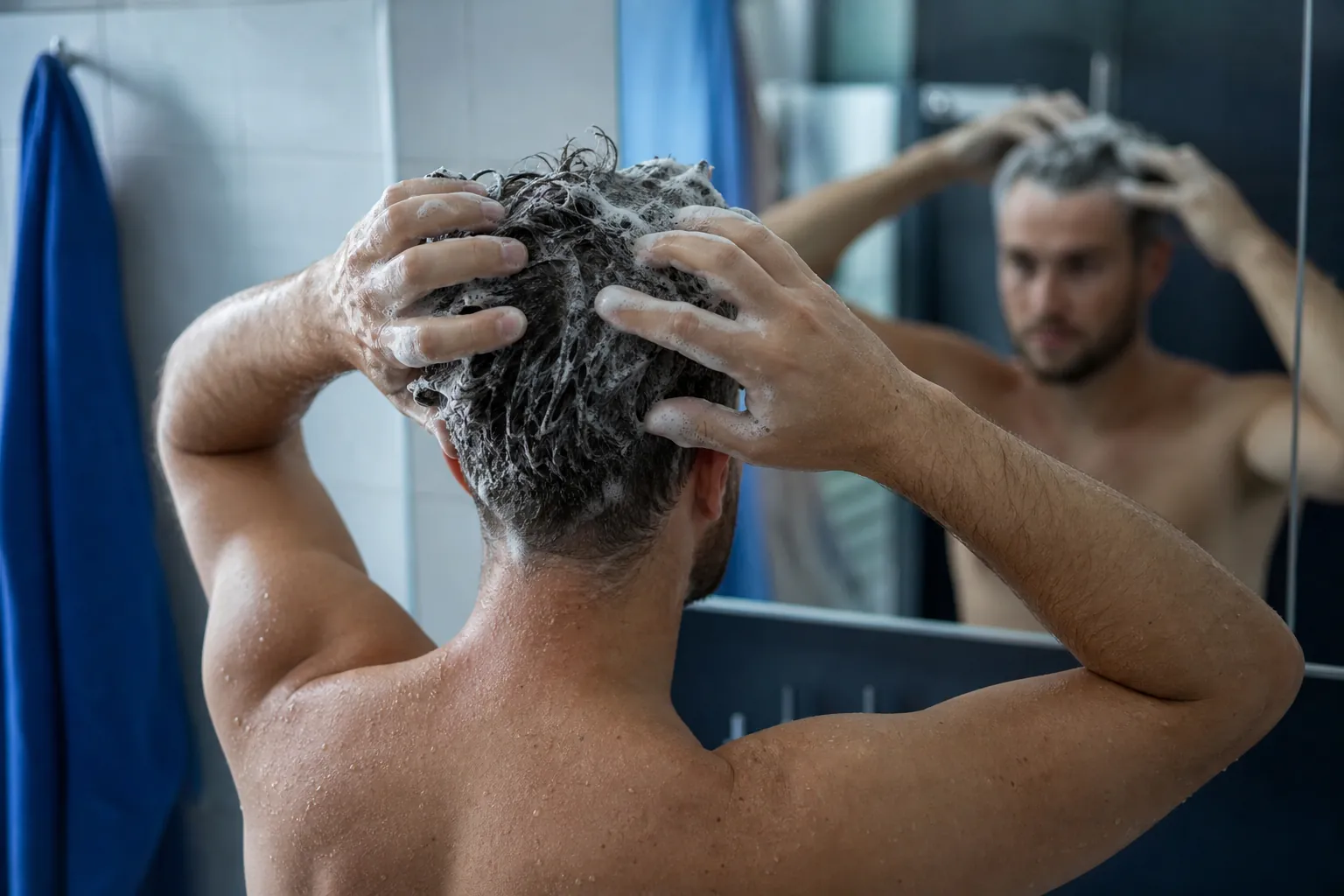 Mann massiert Shampoo in die nasse Kopfhaut vor dem Badezimmerspiegel